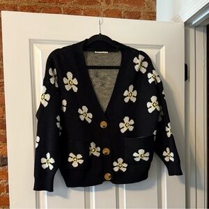 Black Cardigan with White Smiley Flowers
